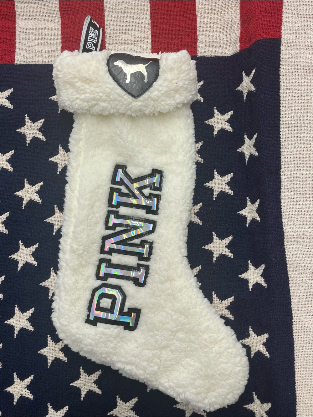 PINK Victoria's Secret Cream Sherpa Holiday Stocking with Holographic Logo